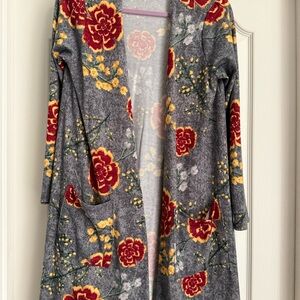 LuLaRoe Floral Gray Cardigan with Red and Yellow Highlights